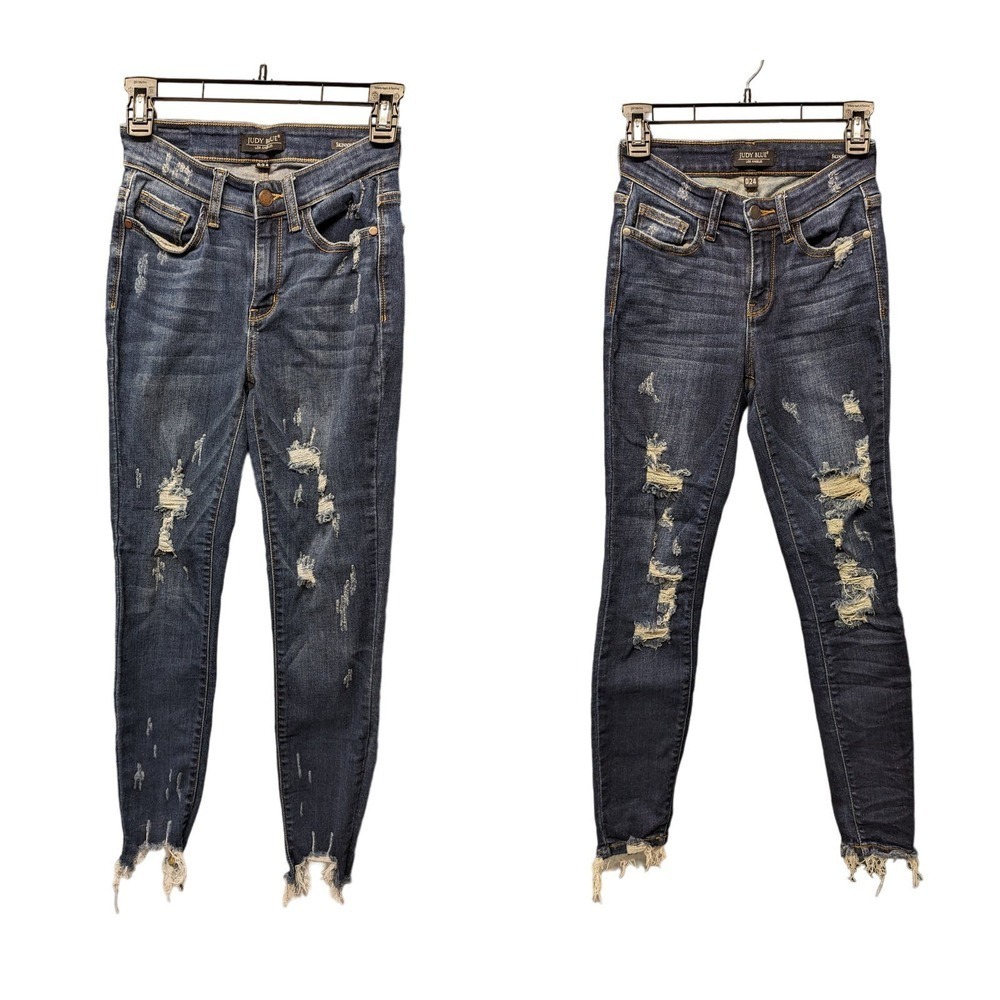 JUDY BLUE‎ 0/24 Jeans 2 Pairs Skinny Fit Heavy Distress Raw Hem Whiskering